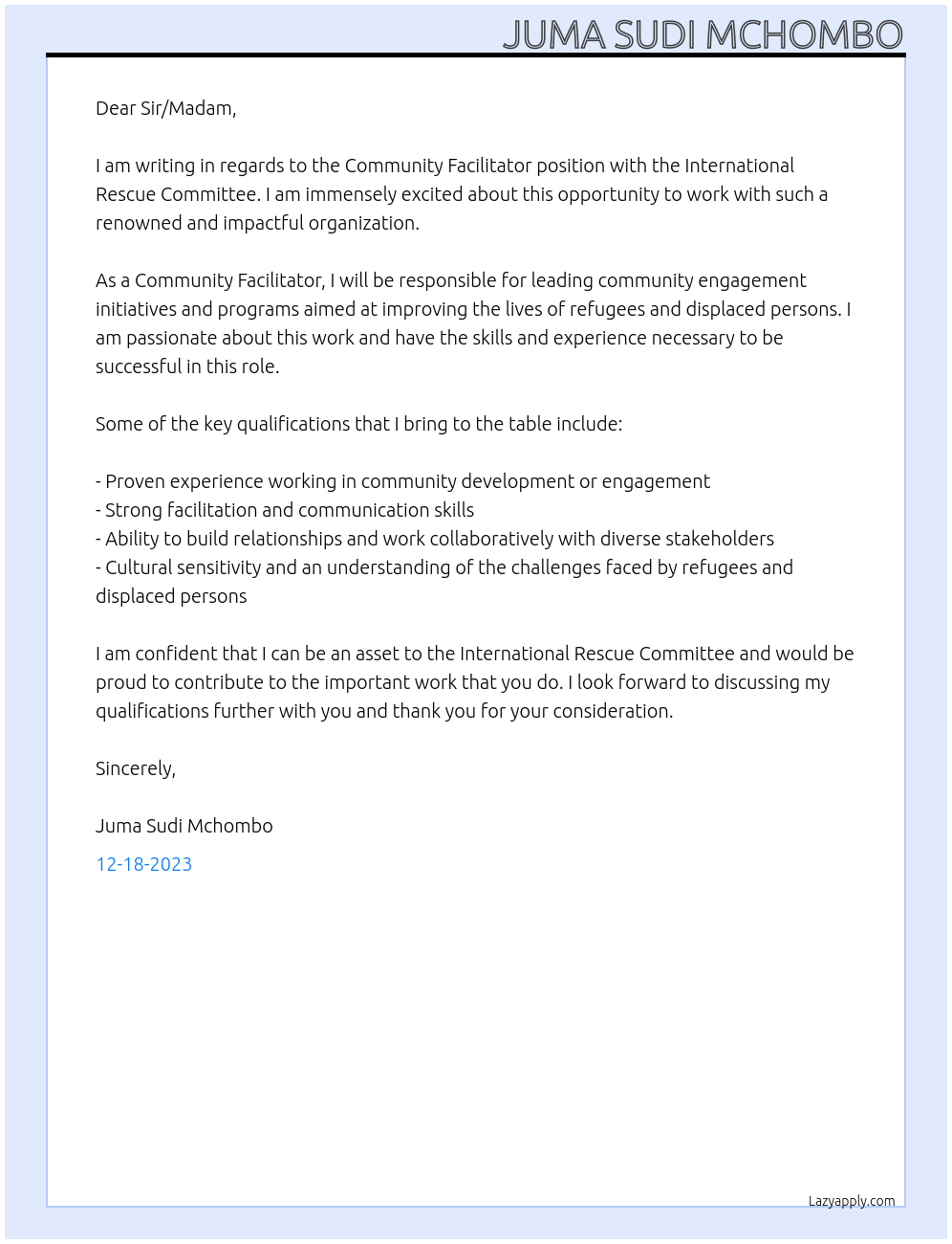 community facilitator At international Rescue committee Cover Letter