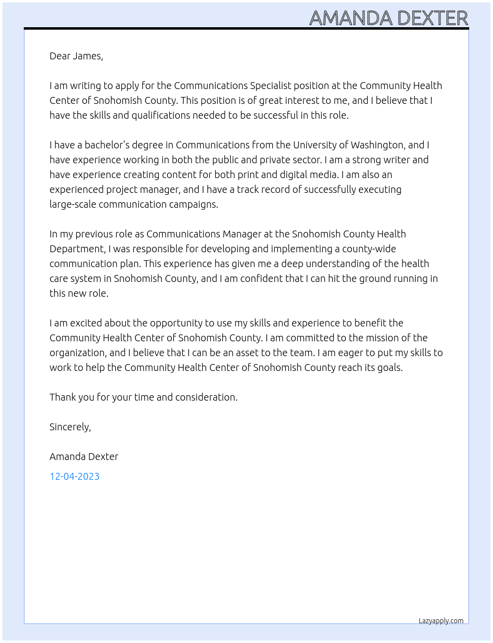 Communications Specialist At Community Health Center of Snohomish County Cover Letter