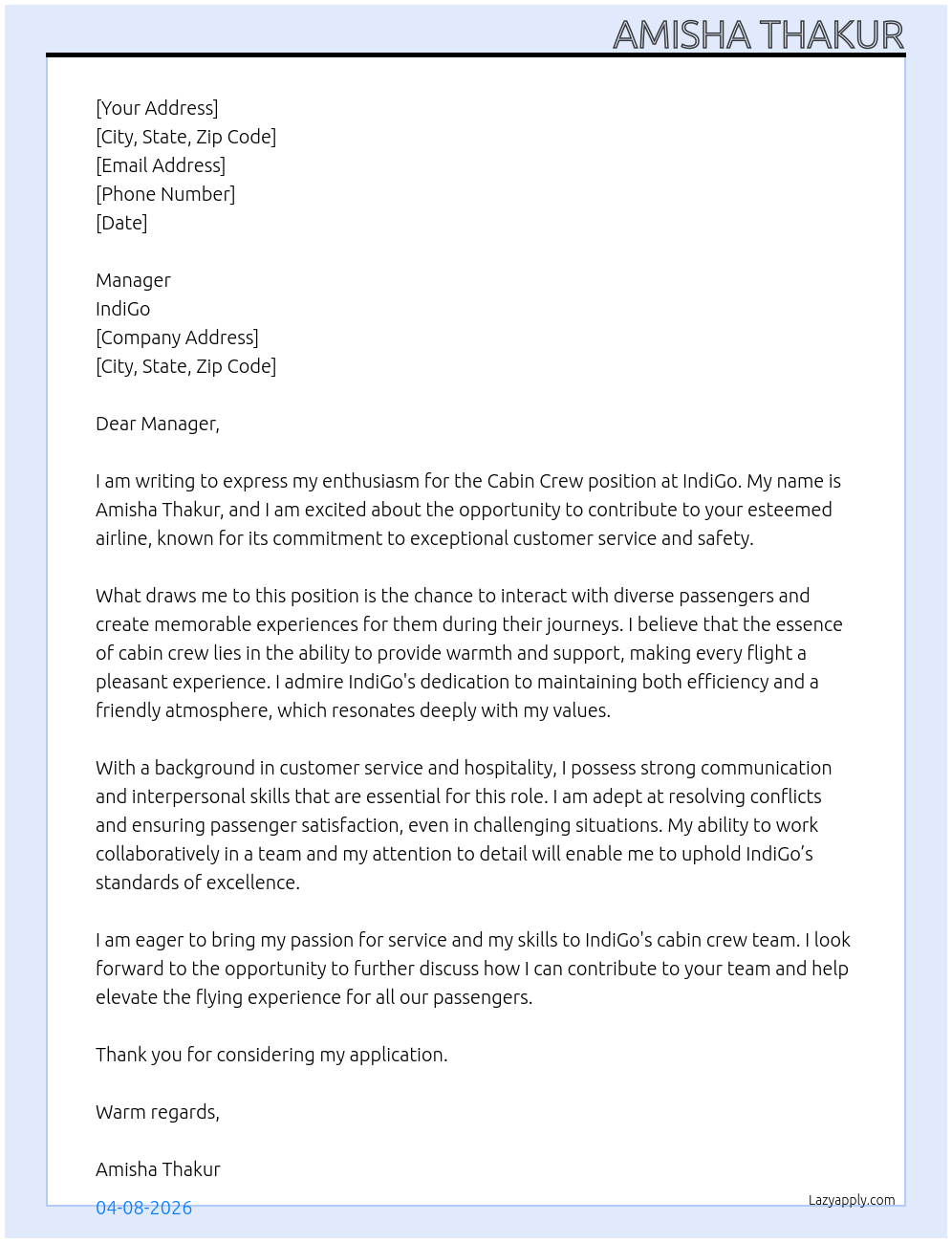 Cabin crew  At IndiGo  Cover Letter