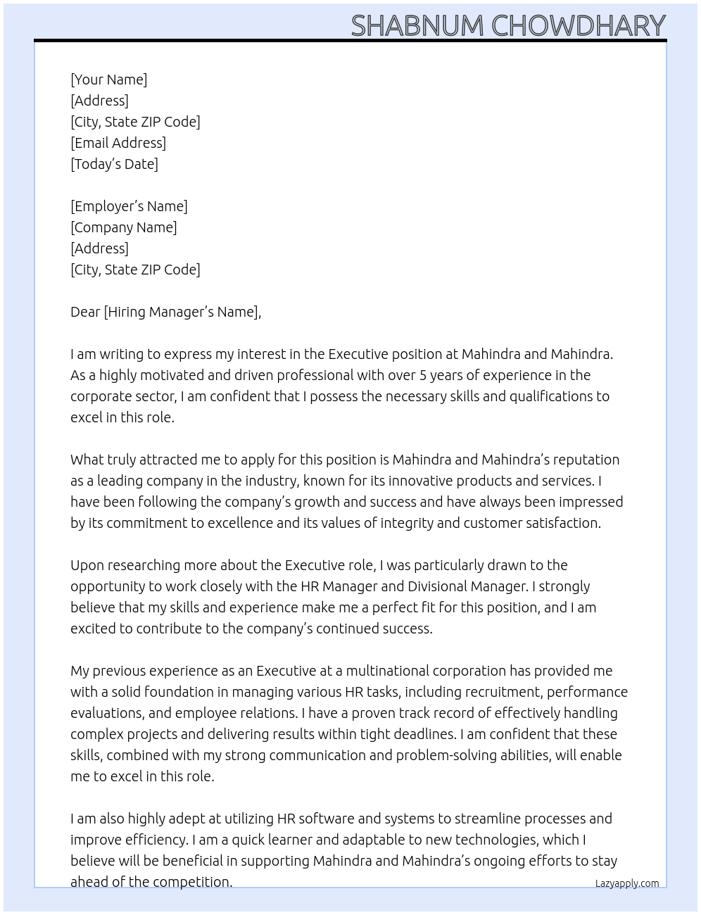 Executive At Mahindra and Mahindra Cover Letter