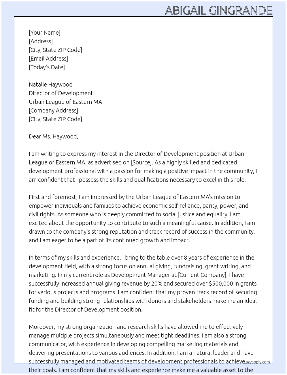 Director of Development At Urban League of Eastern MA Cover Letter