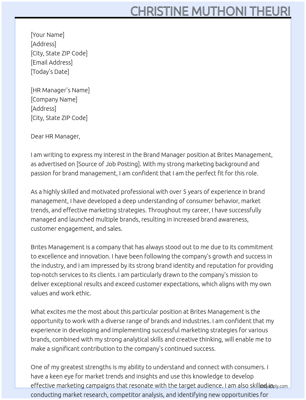 brand manager At BRITES MANAGEMENT Cover Letter
