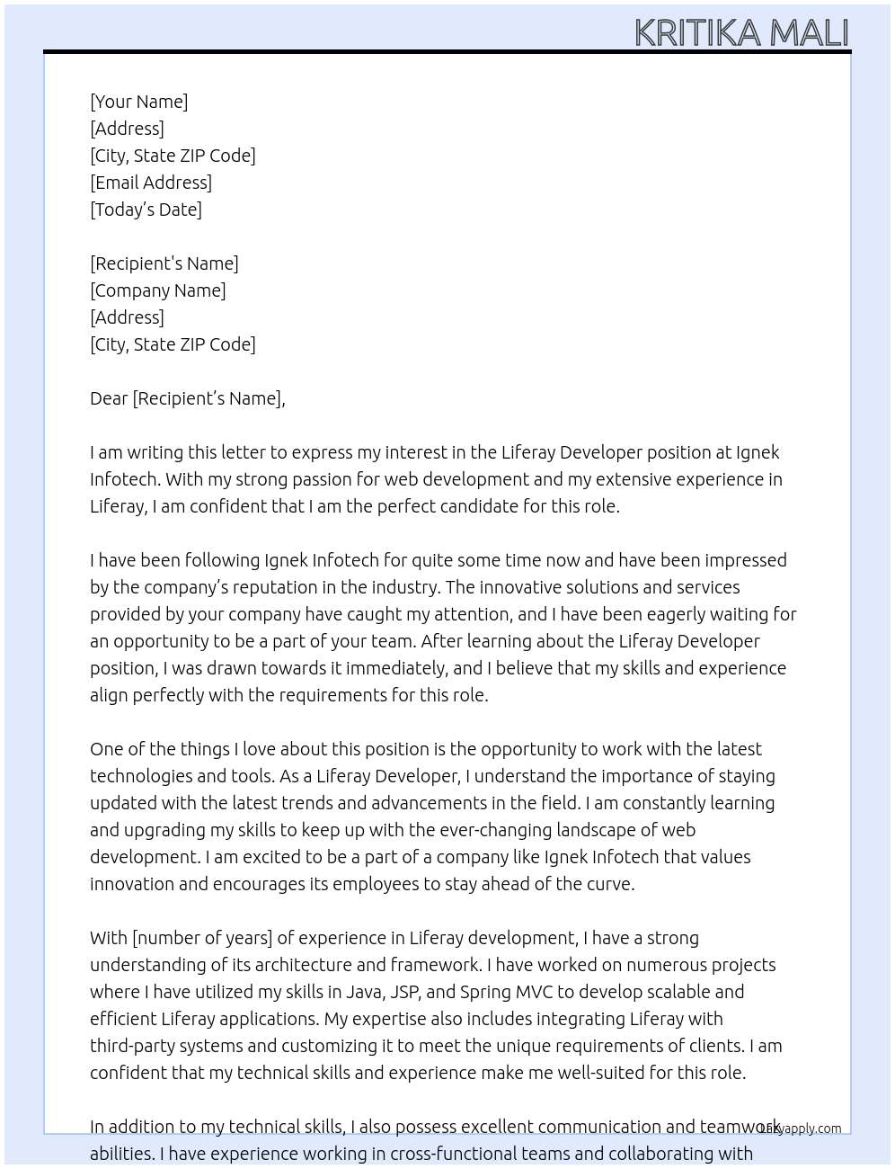 Cover letter for liferay developer - LazyApply