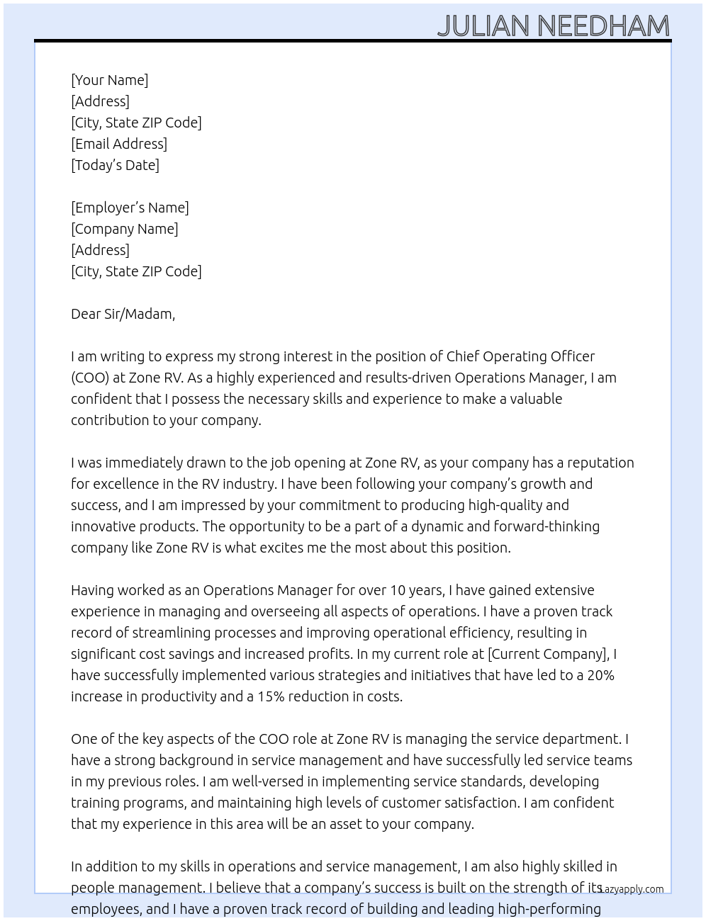 COO At Zone RV Cover Letter