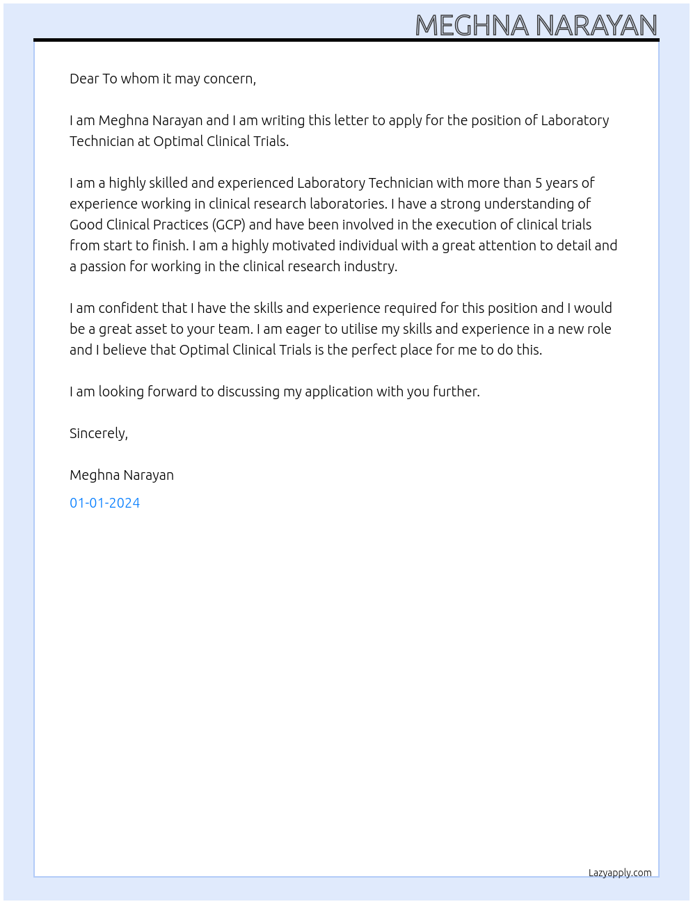 Laboratory Technician At Optimal Clinical Trials Cover Letter