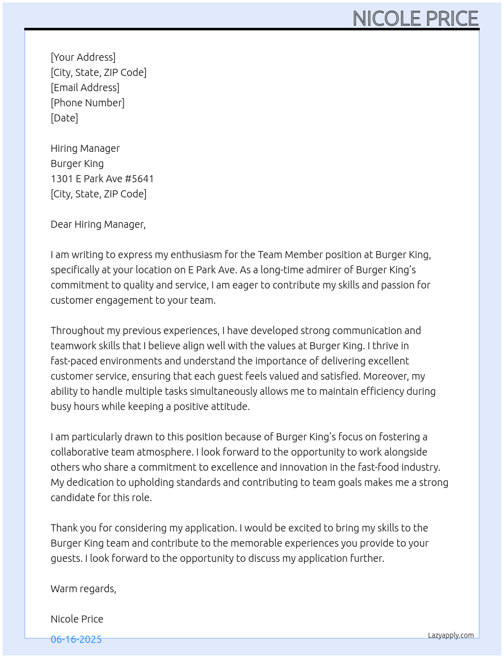 Team member At Burger King Cover Letter