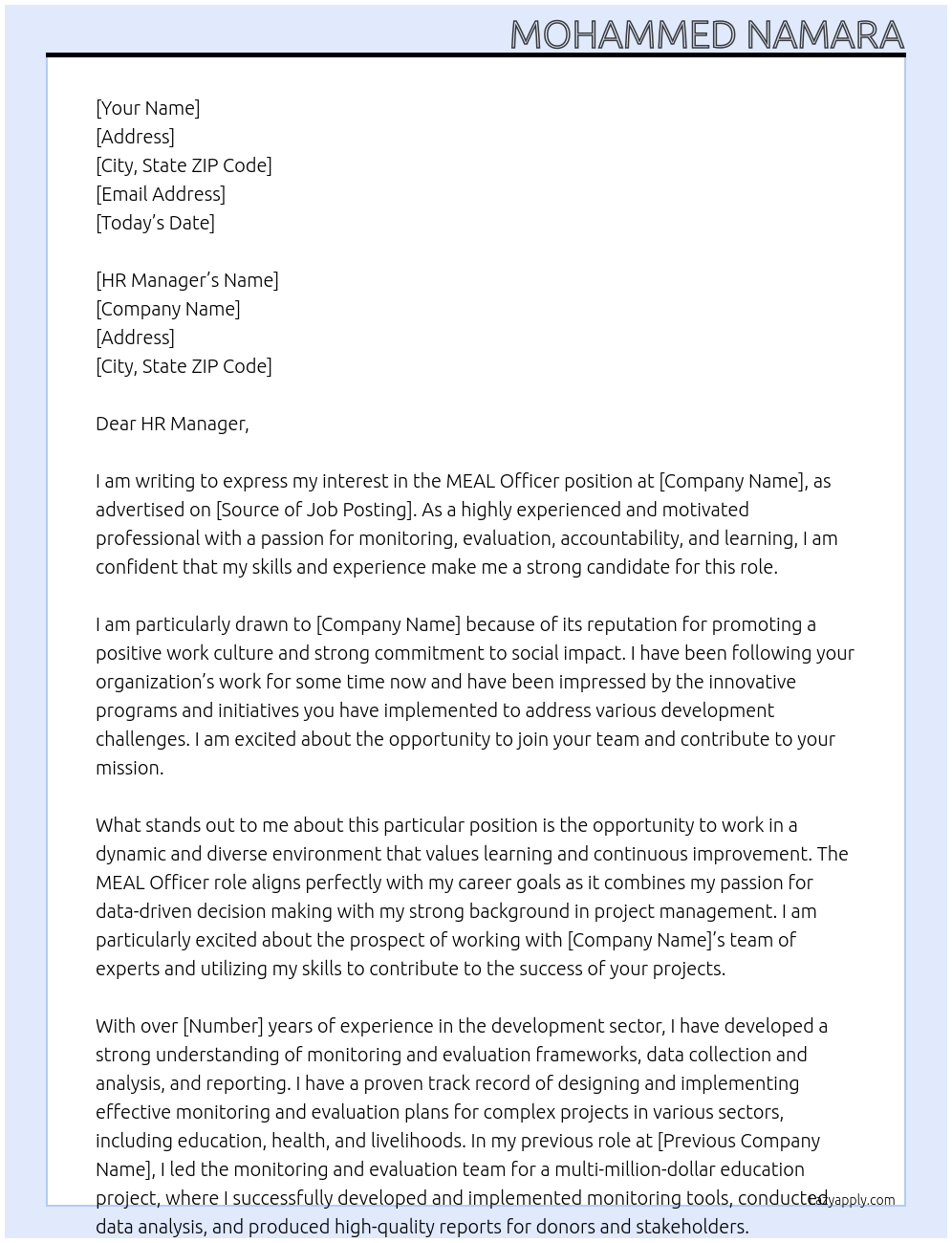 MEAL Officer At Mohammed Namara Cover Letter