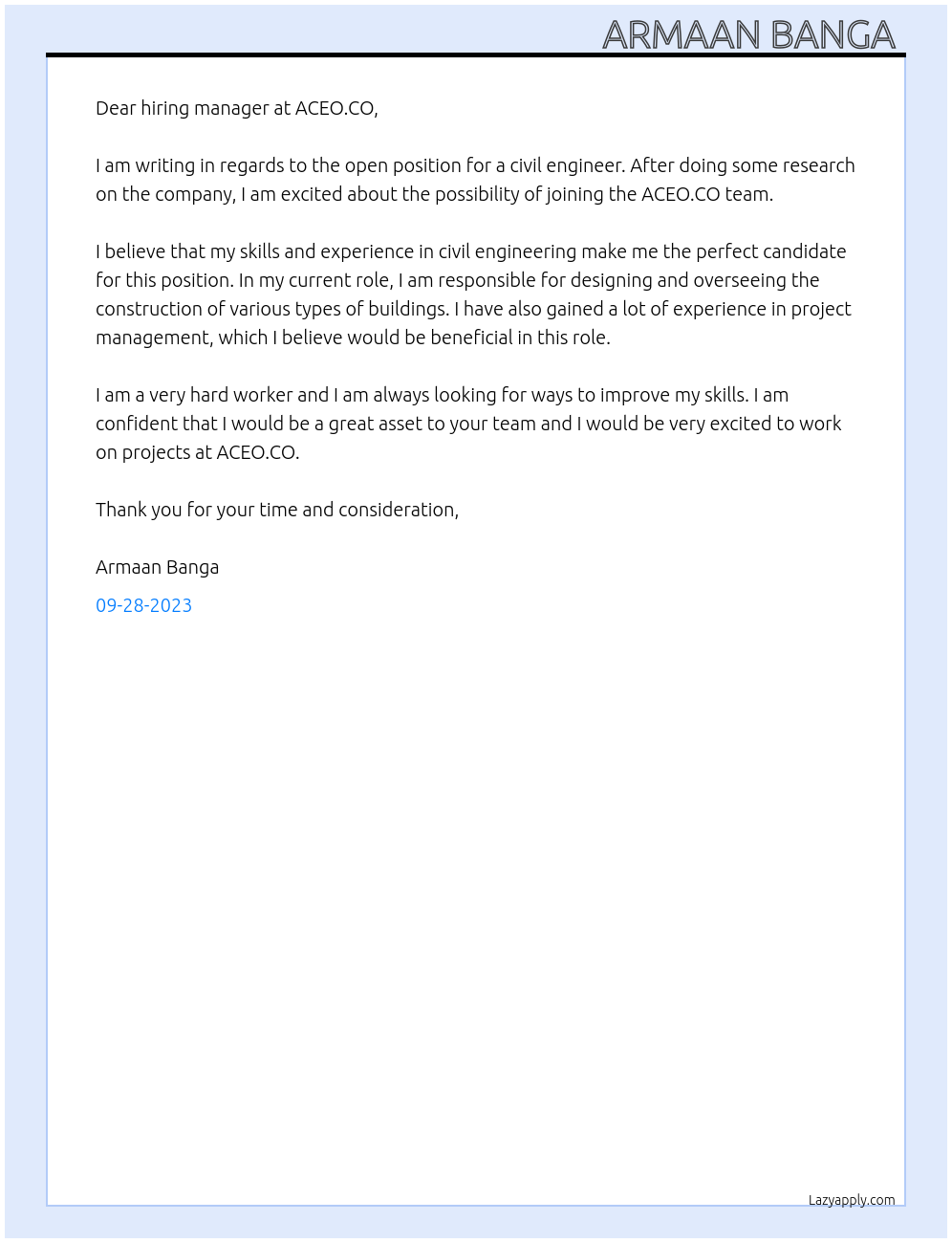 civil engineering At ACEO.CO Cover Letter