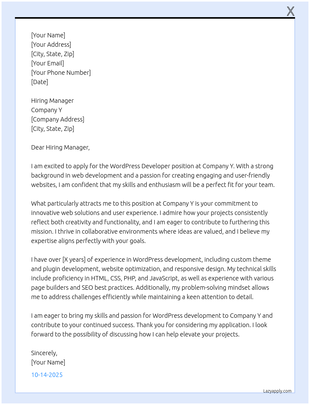 wordpress developer At y Cover Letter