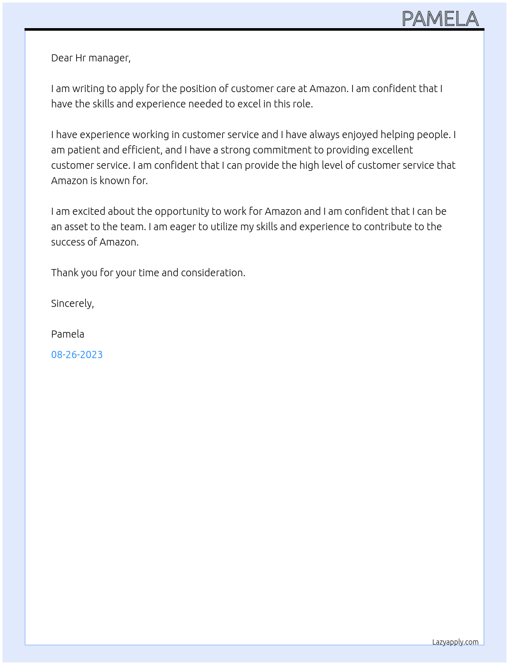 Customer care At Amazon Cover Letter