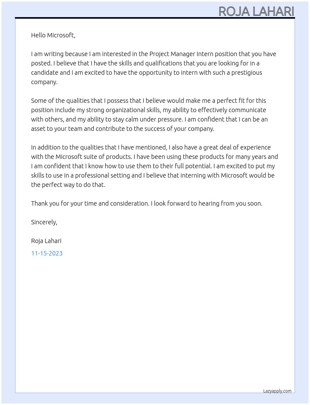 Project manager intern At microsoft Cover Letter
