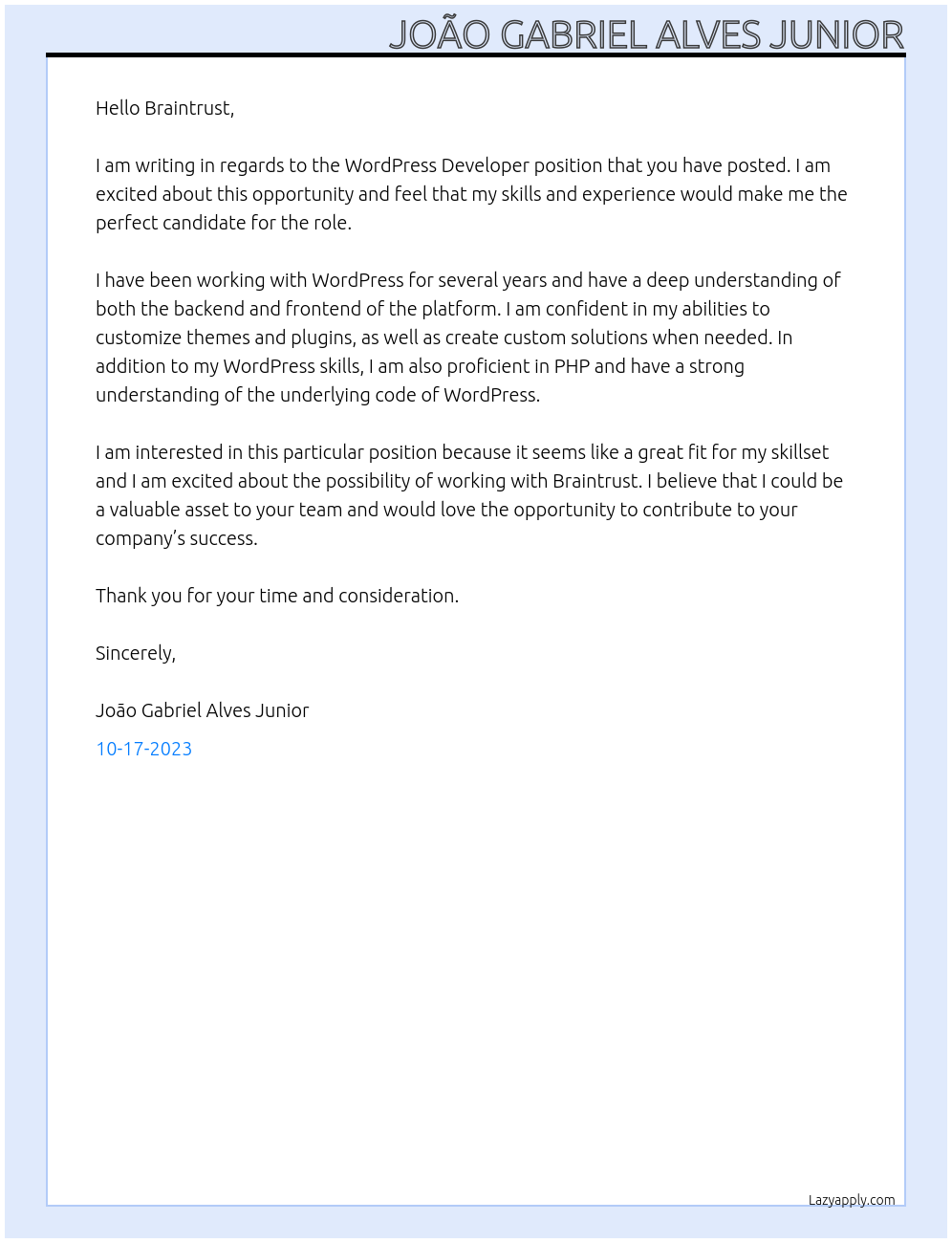 WordPress Developer At Braintrust Cover Letter