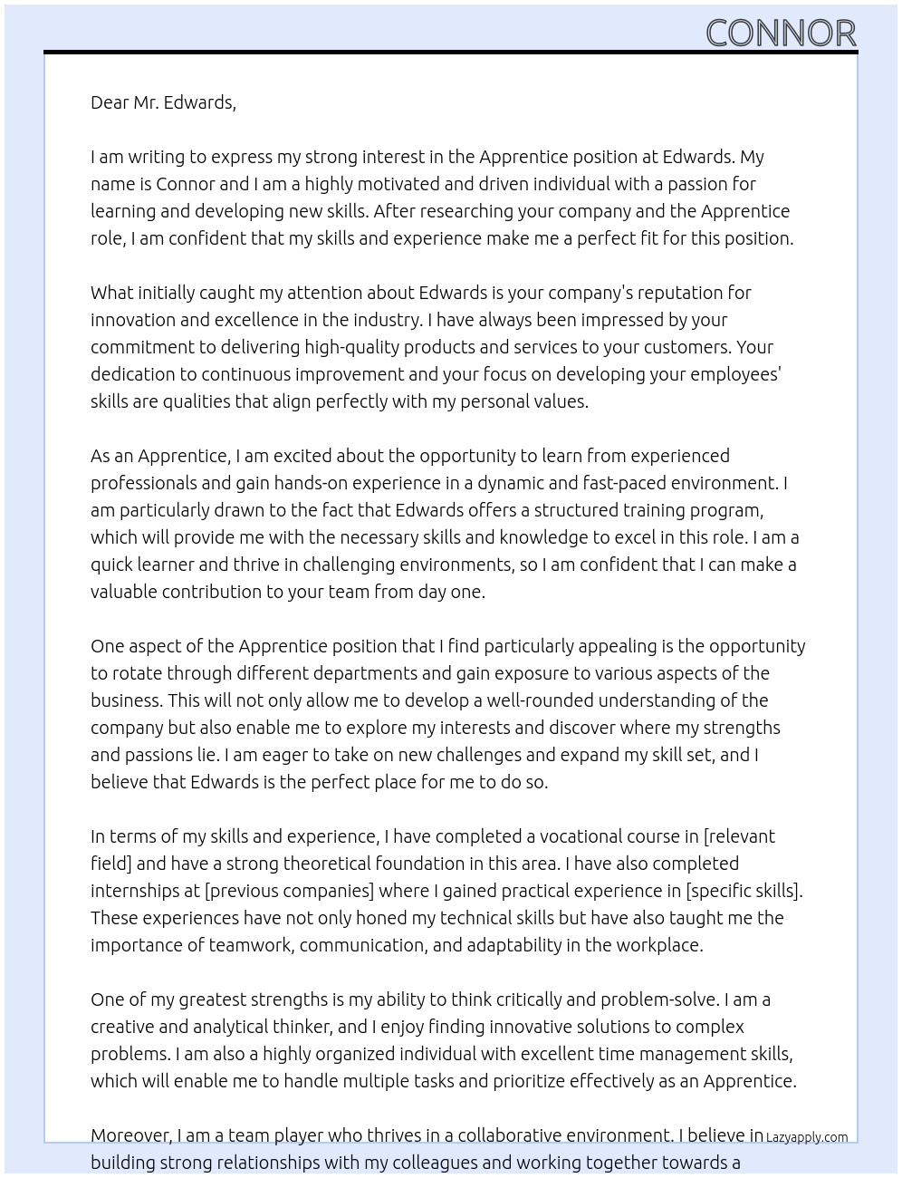 apprentice At Edwards Cover Letter
