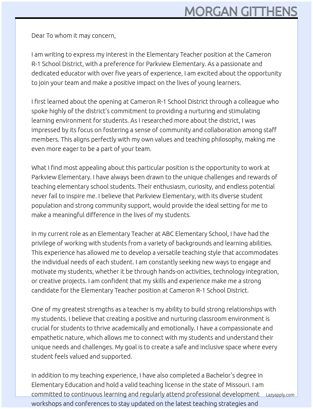 Elementary Teacher At Cameron R-1 School District Cover Letter