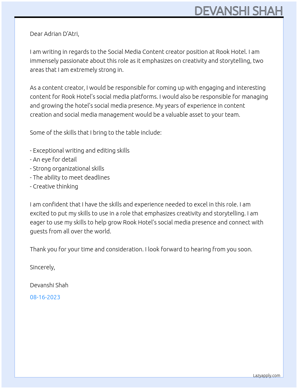 Social Media Content creator At Rook Hotel Cover Letter