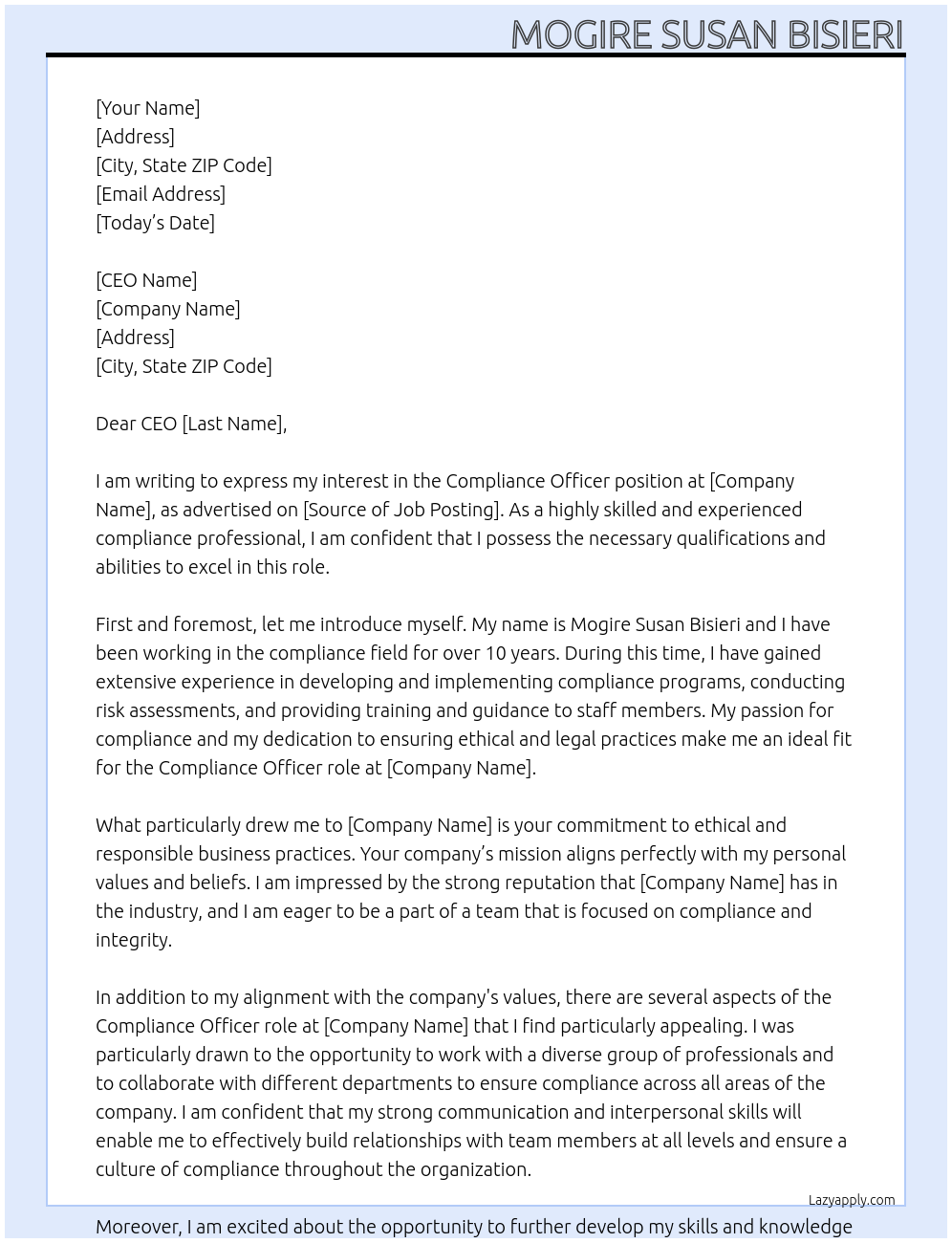 compliance officer At MOGIRE SUSAN BISIERI Cover Letter