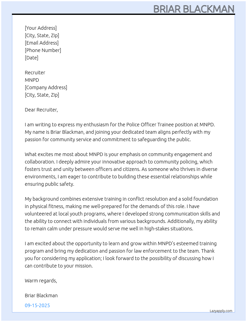 Cover letter for police officer trainee - LazyApply