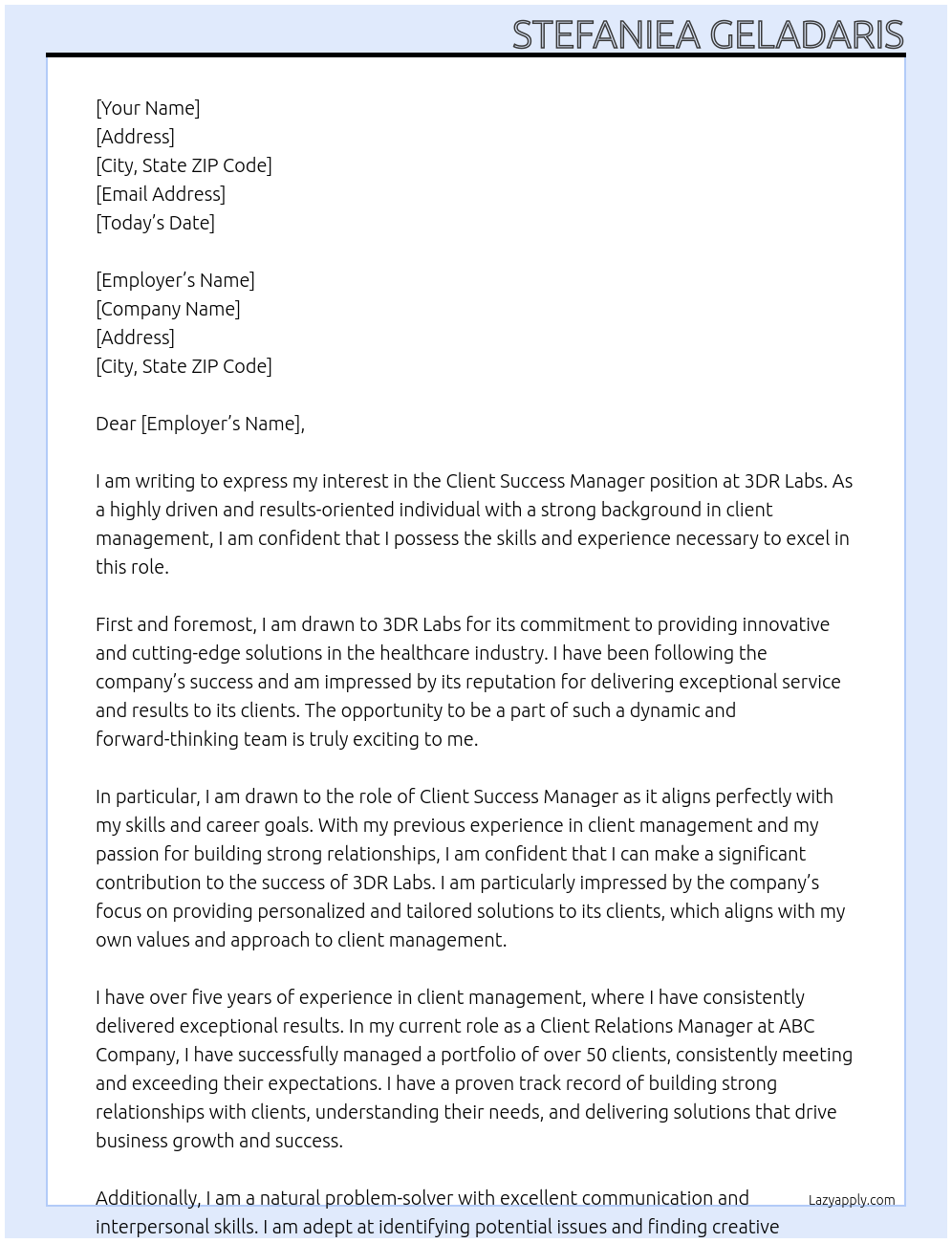 Client Success Manager At 3DR Labs Cover Letter