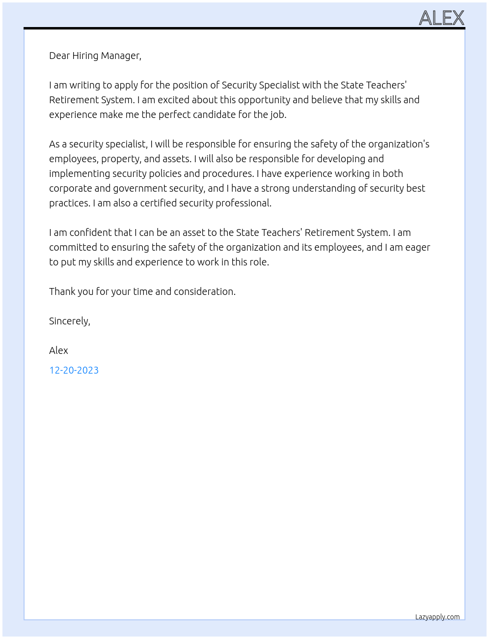 Security Specialist At State Teachers' Retirement System Cover Letter
