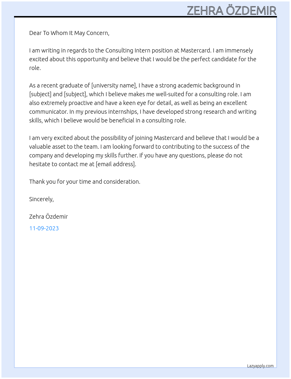 Consulting Intern At Mastercard Cover Letter