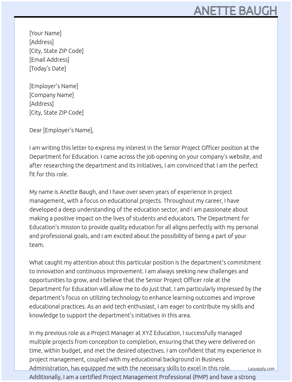 senior project officer At Department for Education Cover Letter