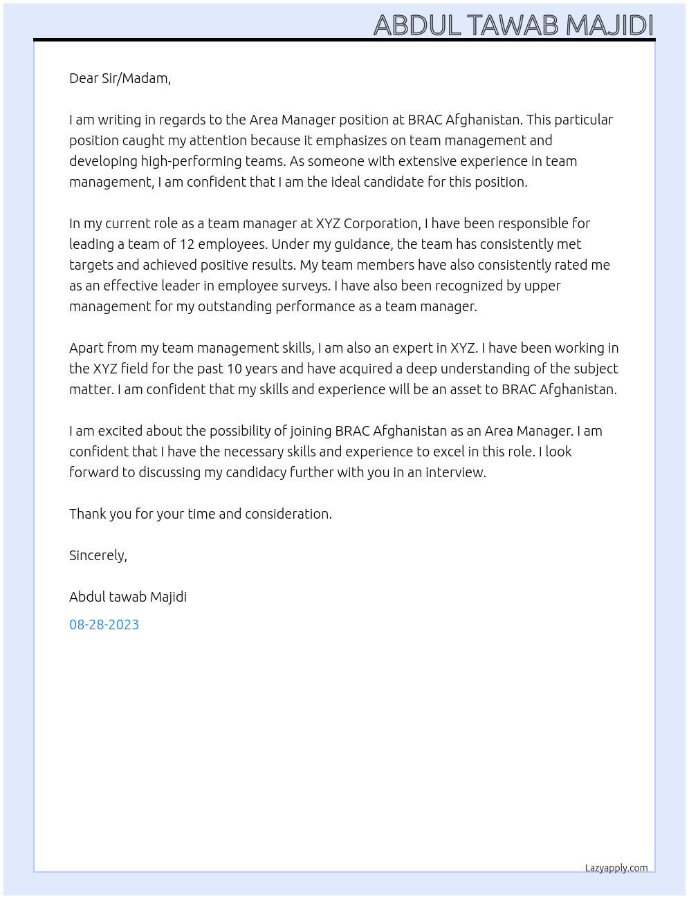 Area Manager At BRAC Afghanistan Cover Letter