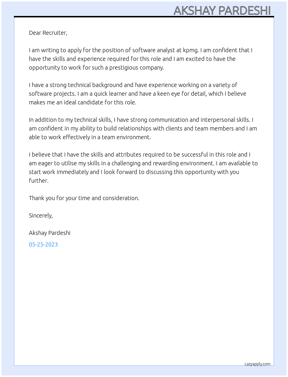 software analyst At kpmg Cover Letter