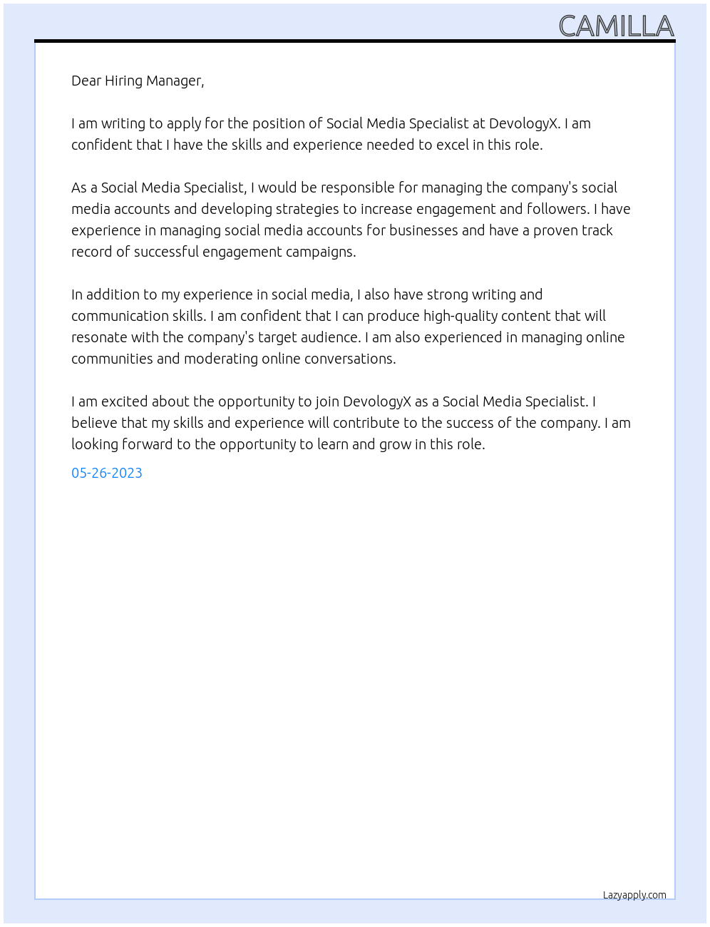 social media specialist At DevologyX Cover Letter