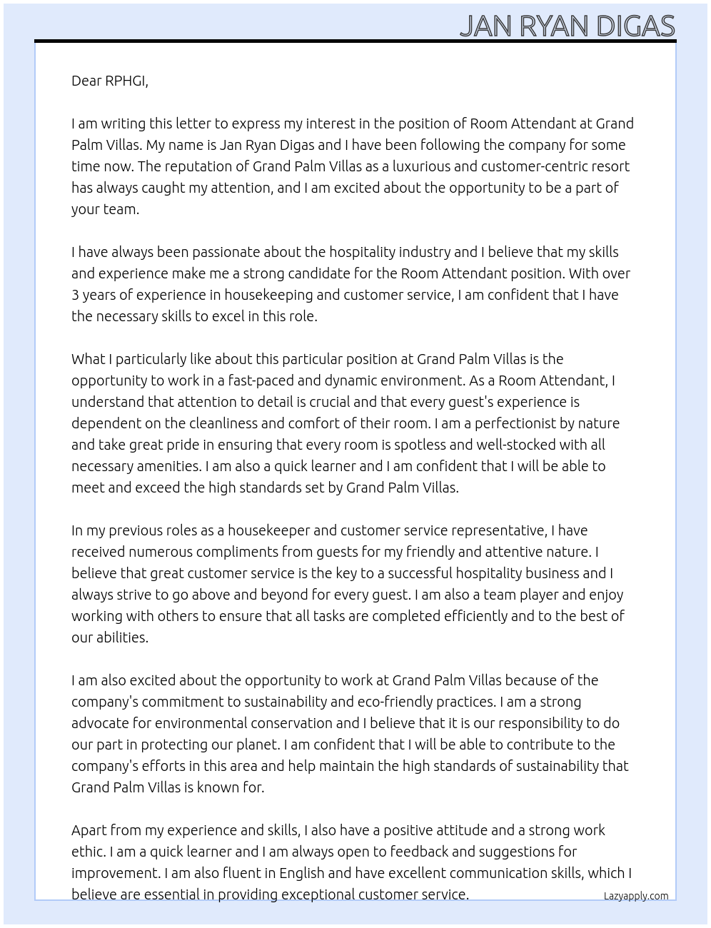 Room attendant At Grand Palm Villas Cover Letter