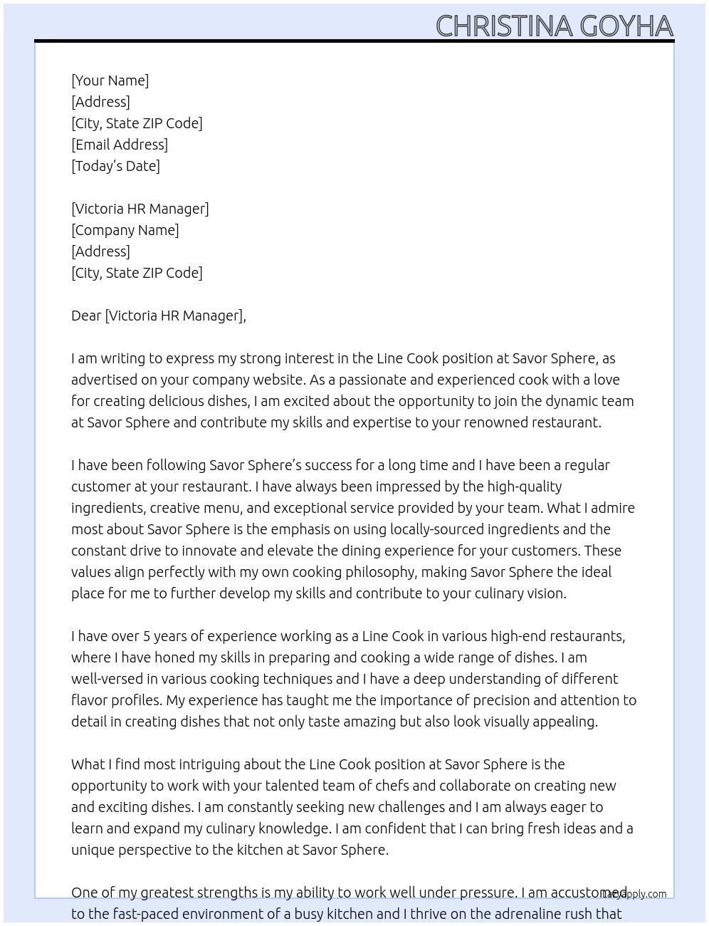 Line Cook At Savor Sphere Cover Letter