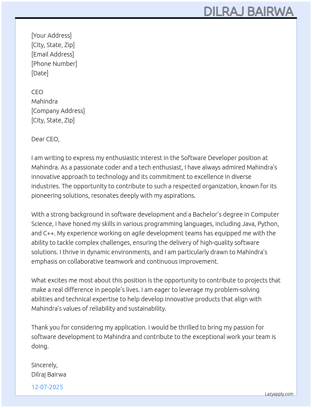 Cover letter for software developer - LazyApply