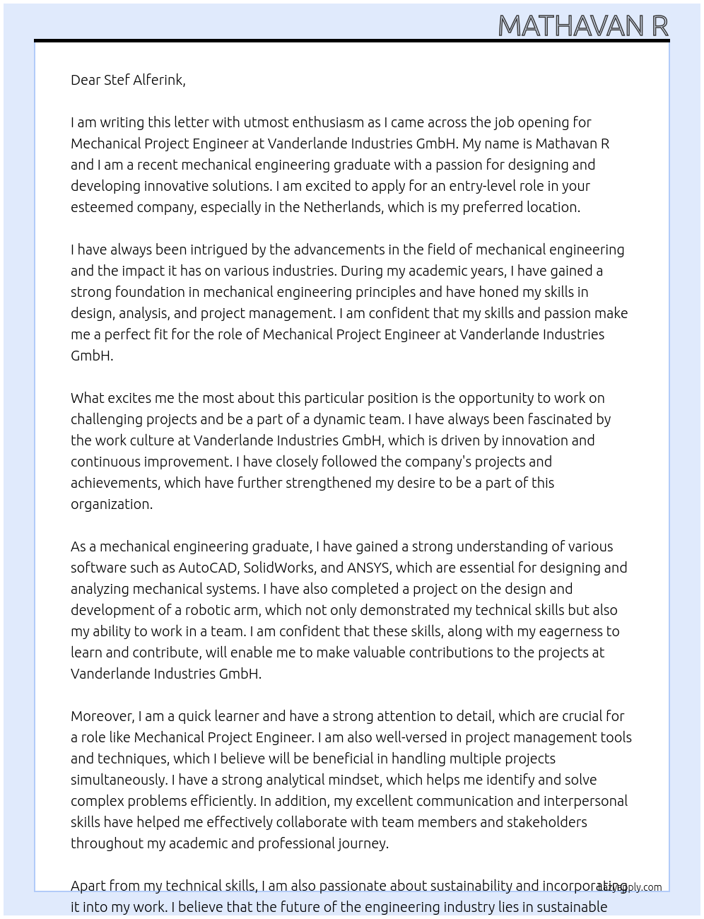 mechanical project engineer At vanderlande industries GmbH Cover Letter