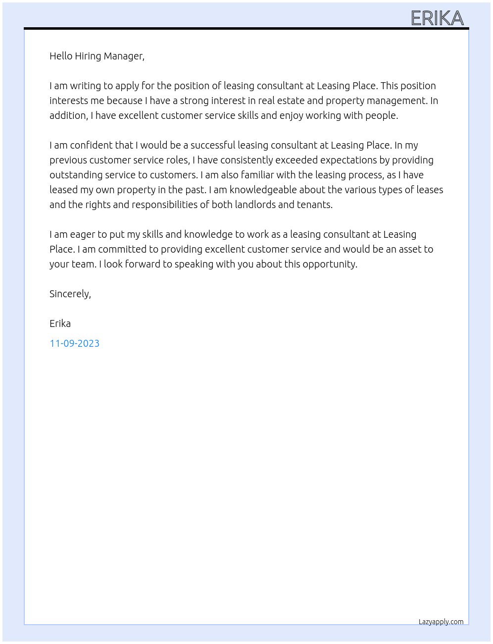 leasing consultant At leasing place Cover Letter