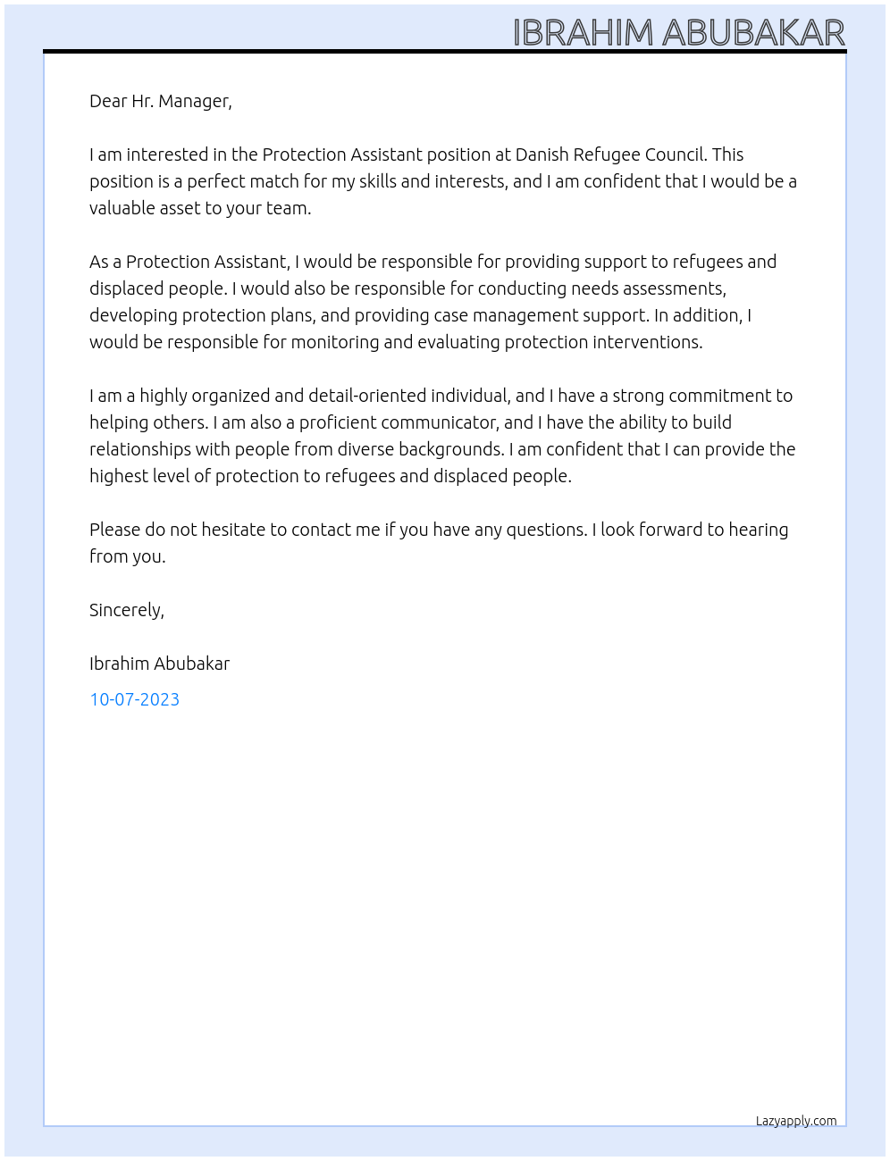 Protection Assistant At Danish Refugee Council Cover Letter