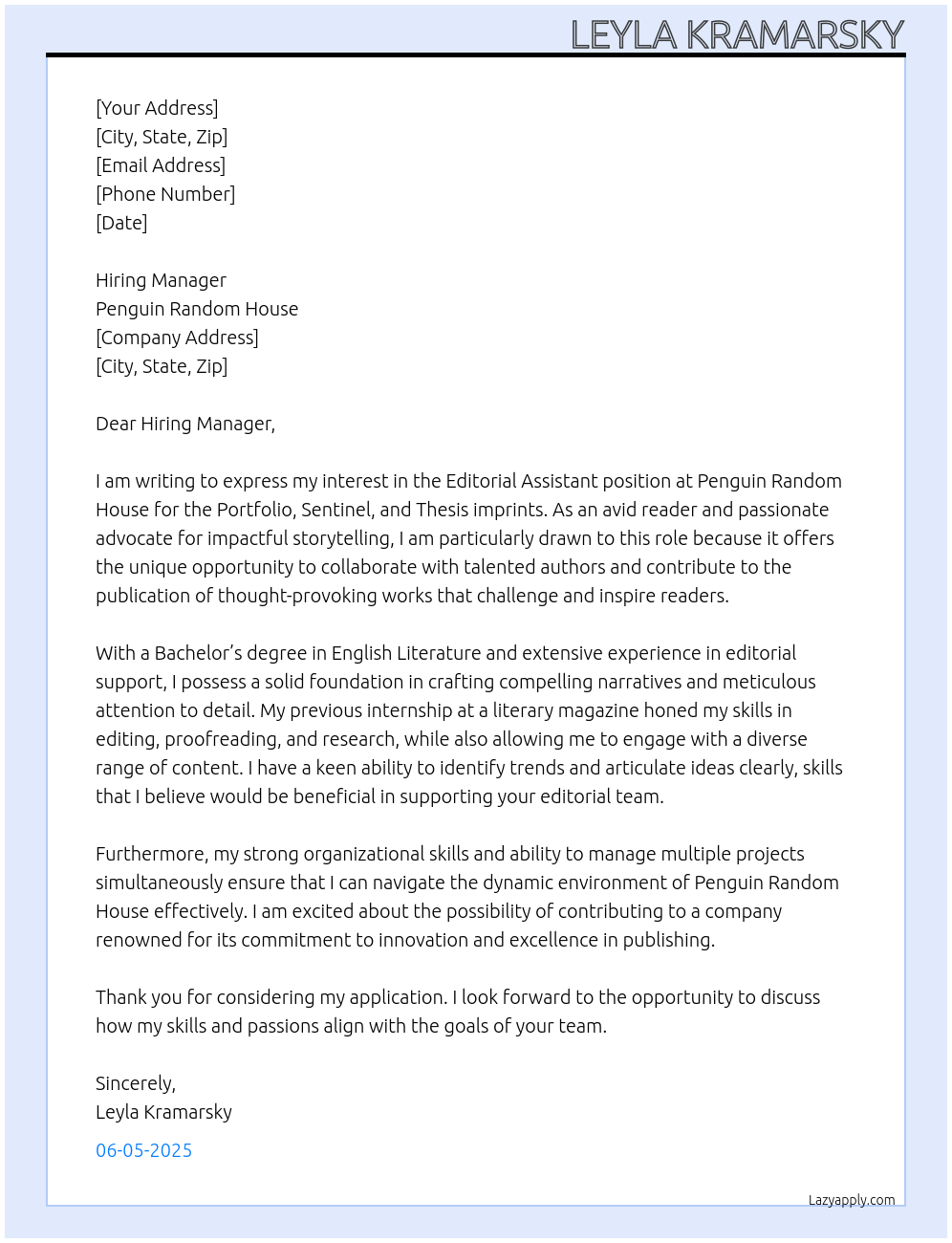 Editorial Assistant position at the Portfolio, Sentinel, and Thesis At Penguin Random House Cover Letter