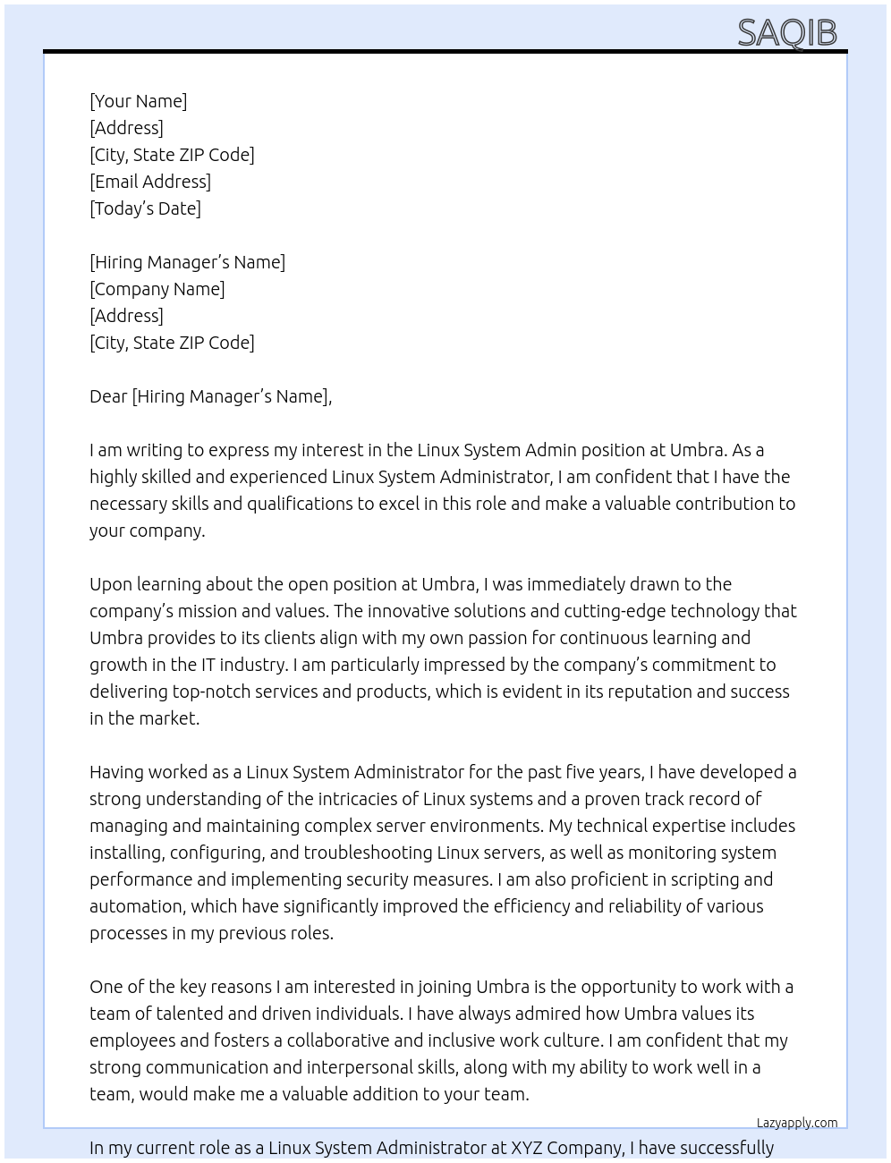 Cover letter for linux system admin - LazyApply