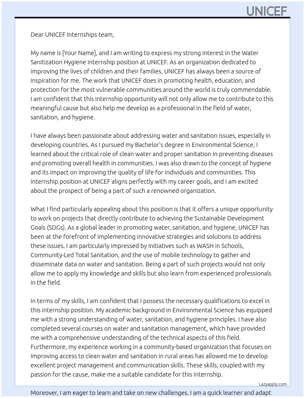 Water sanitization hygiene At UNICEF internships Cover Letter