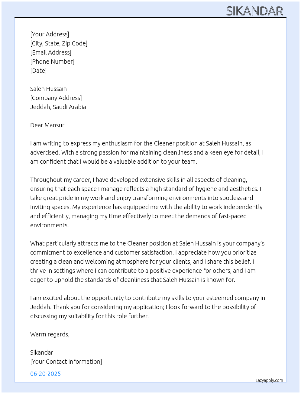 Cleaner  At Saleh Hussain  Cover Letter