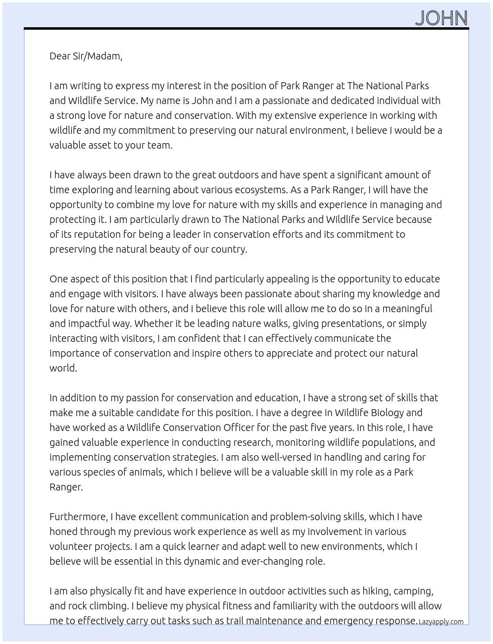 Park Ranger At The National Parks and Wildlife Service Cover Letter