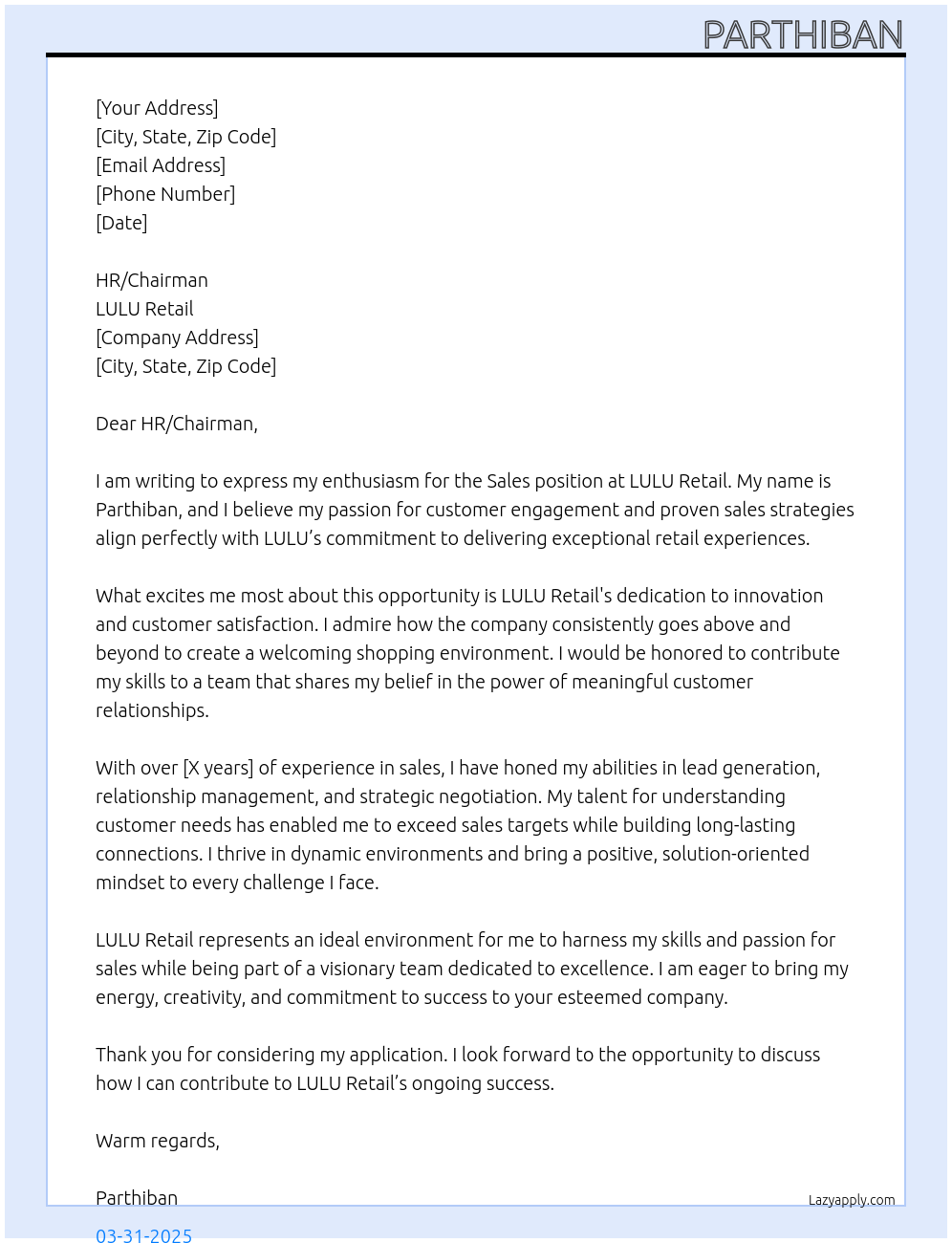 Sales At LULU retail Cover Letter