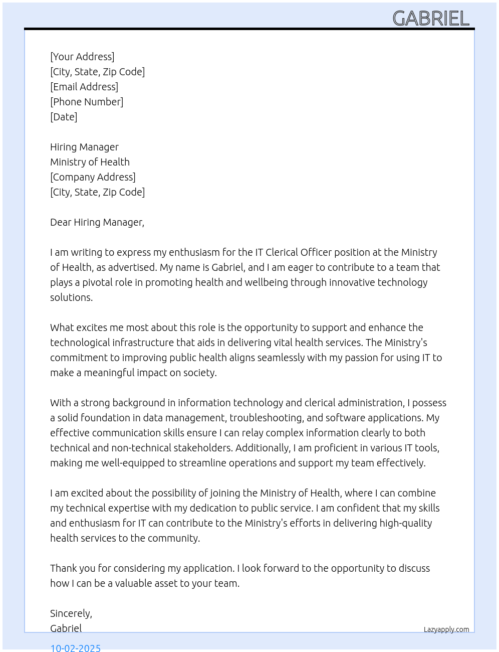 IT At Ministry of health Cover Letter