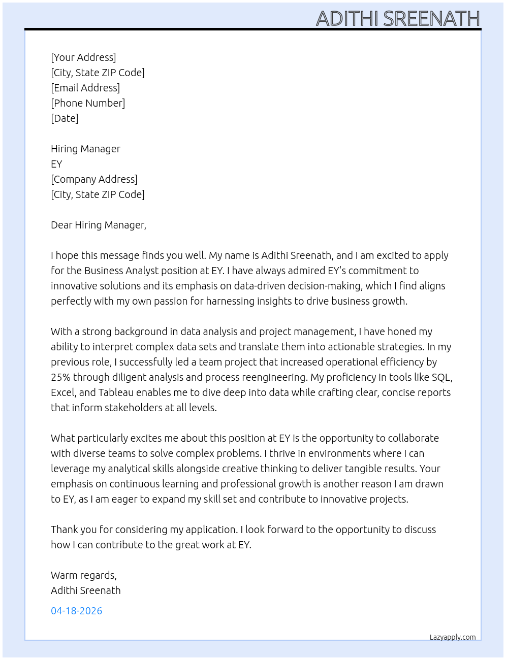 business analyst At EY Cover Letter