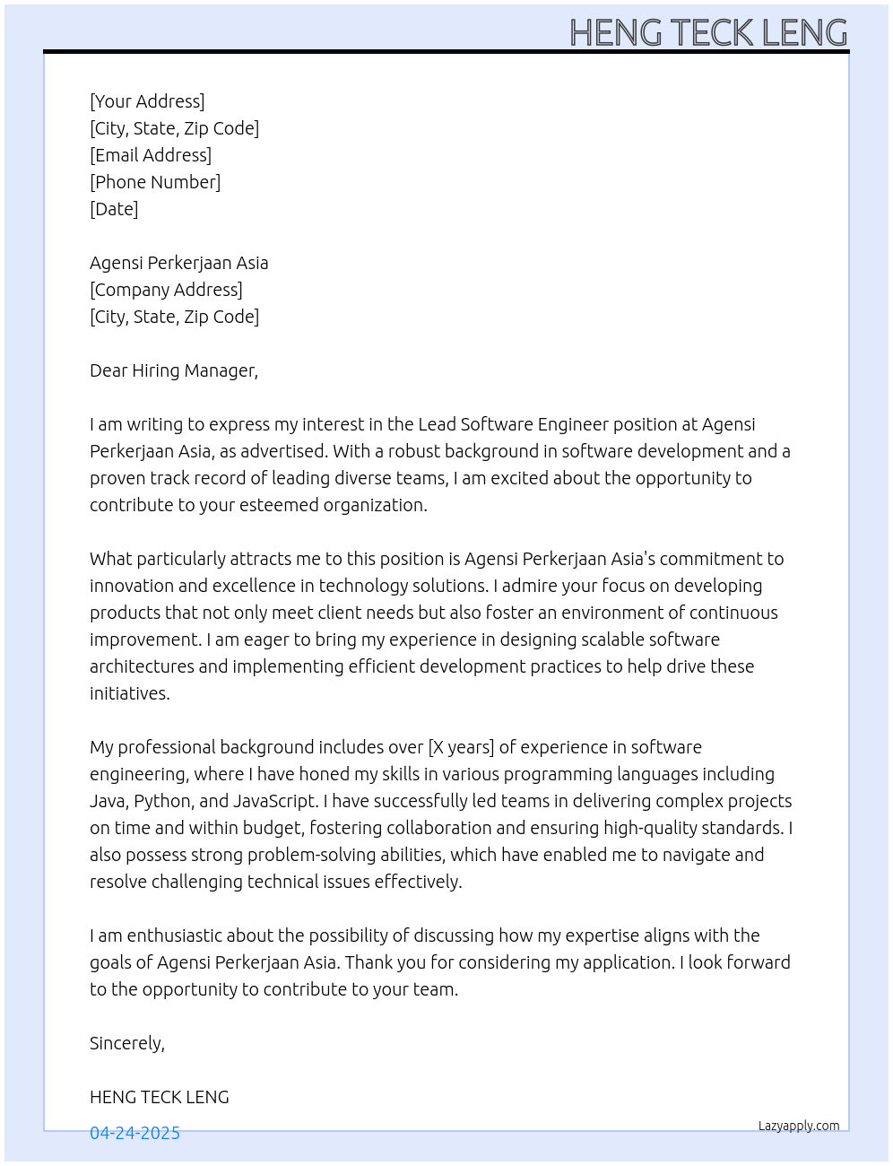 Lead software engineer At Agensi Perkerjaan Asia Cover Letter