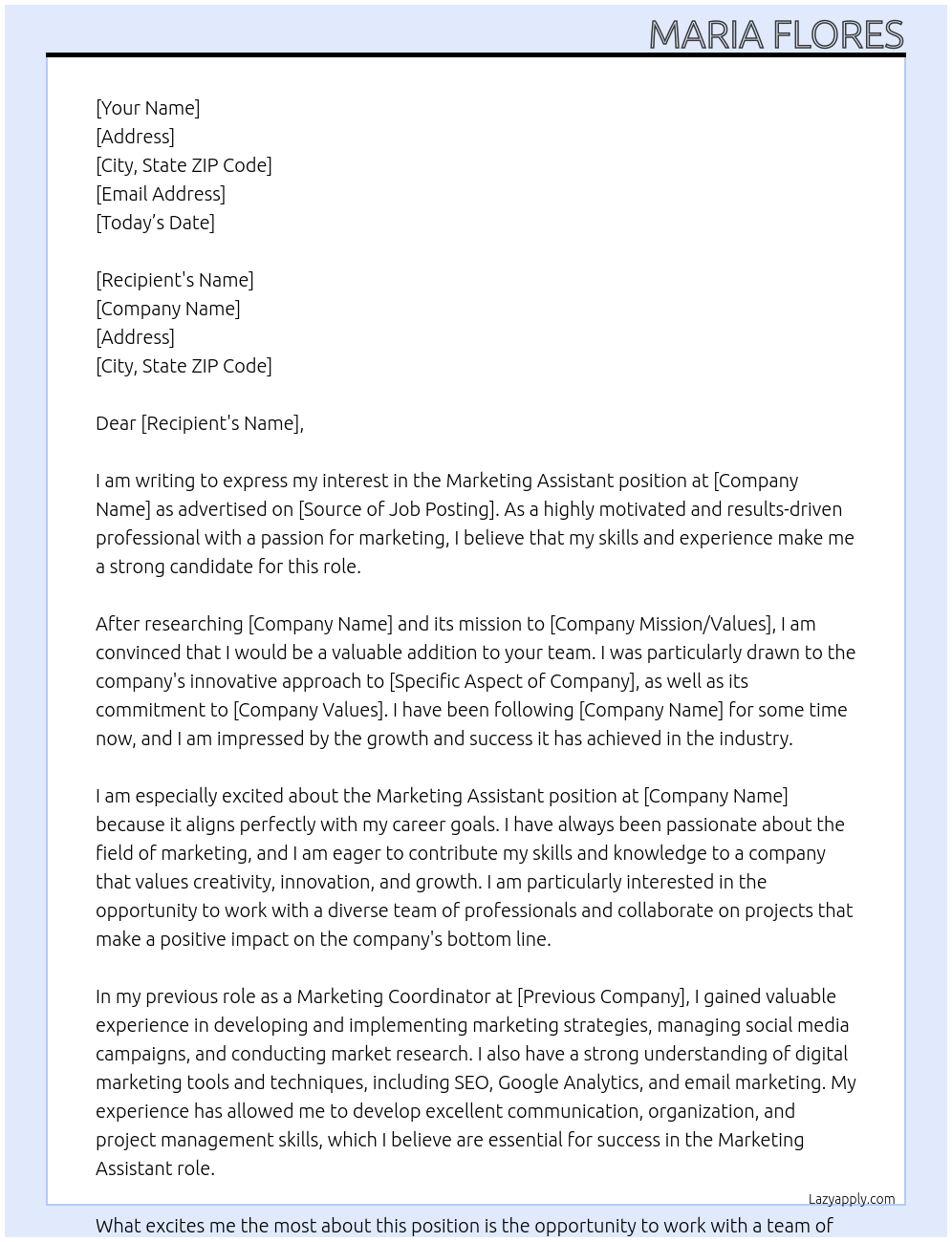 Marketing Assistant At sr Cover Letter