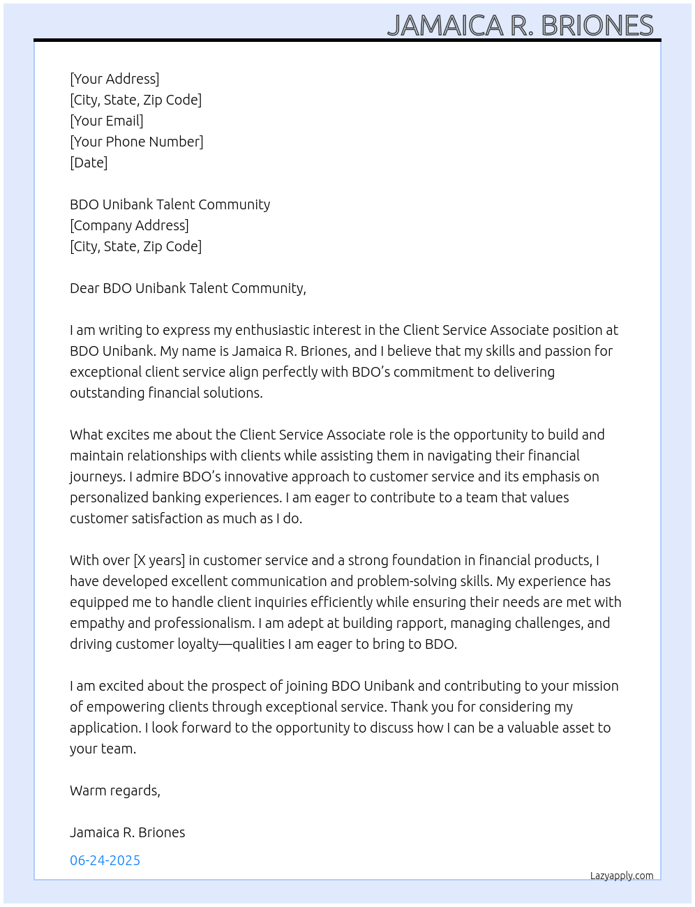 Client Service Associate  At BDO Cover Letter