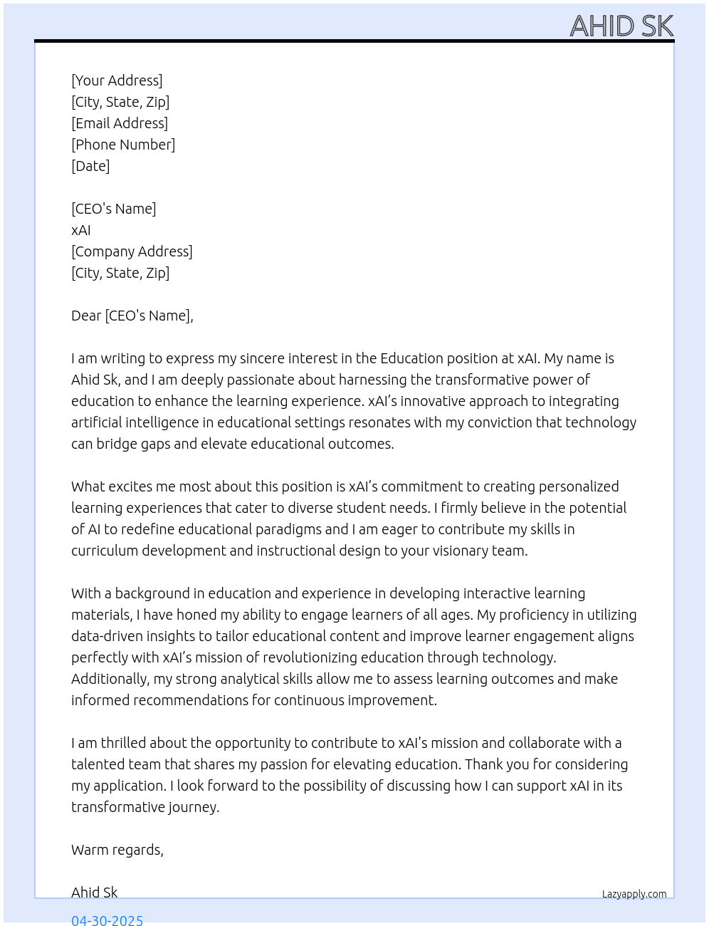 Cover letter for education - LazyApply