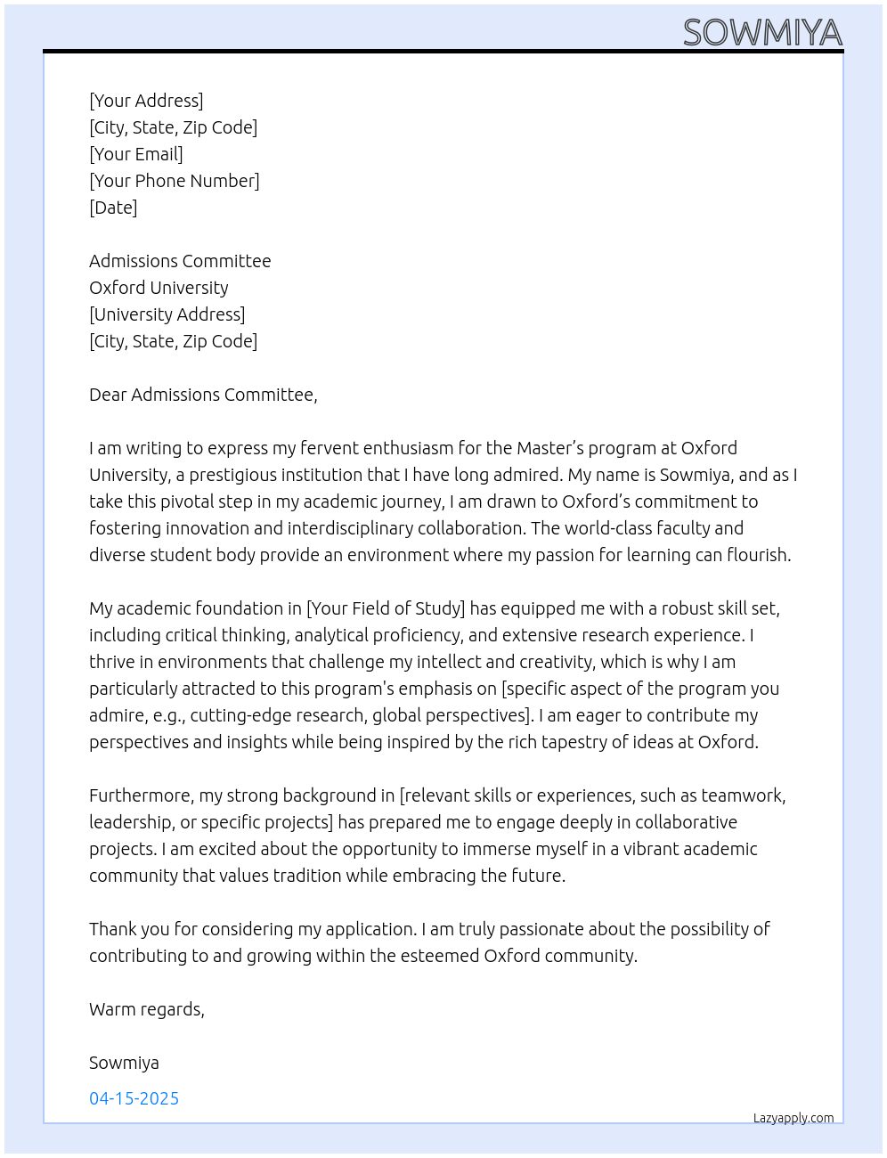 Cover letter for masters student - LazyApply