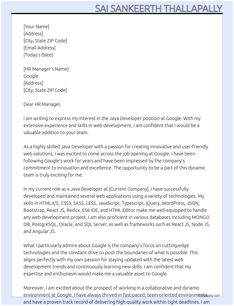 Java Developer At Google Cover Letter