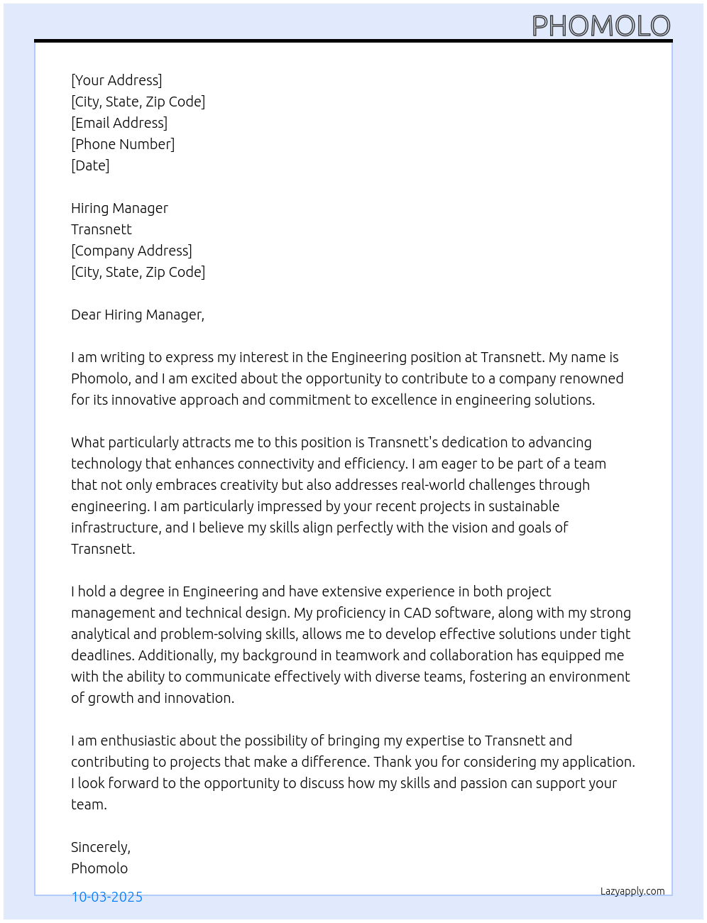 Engineering At Transnett Cover Letter