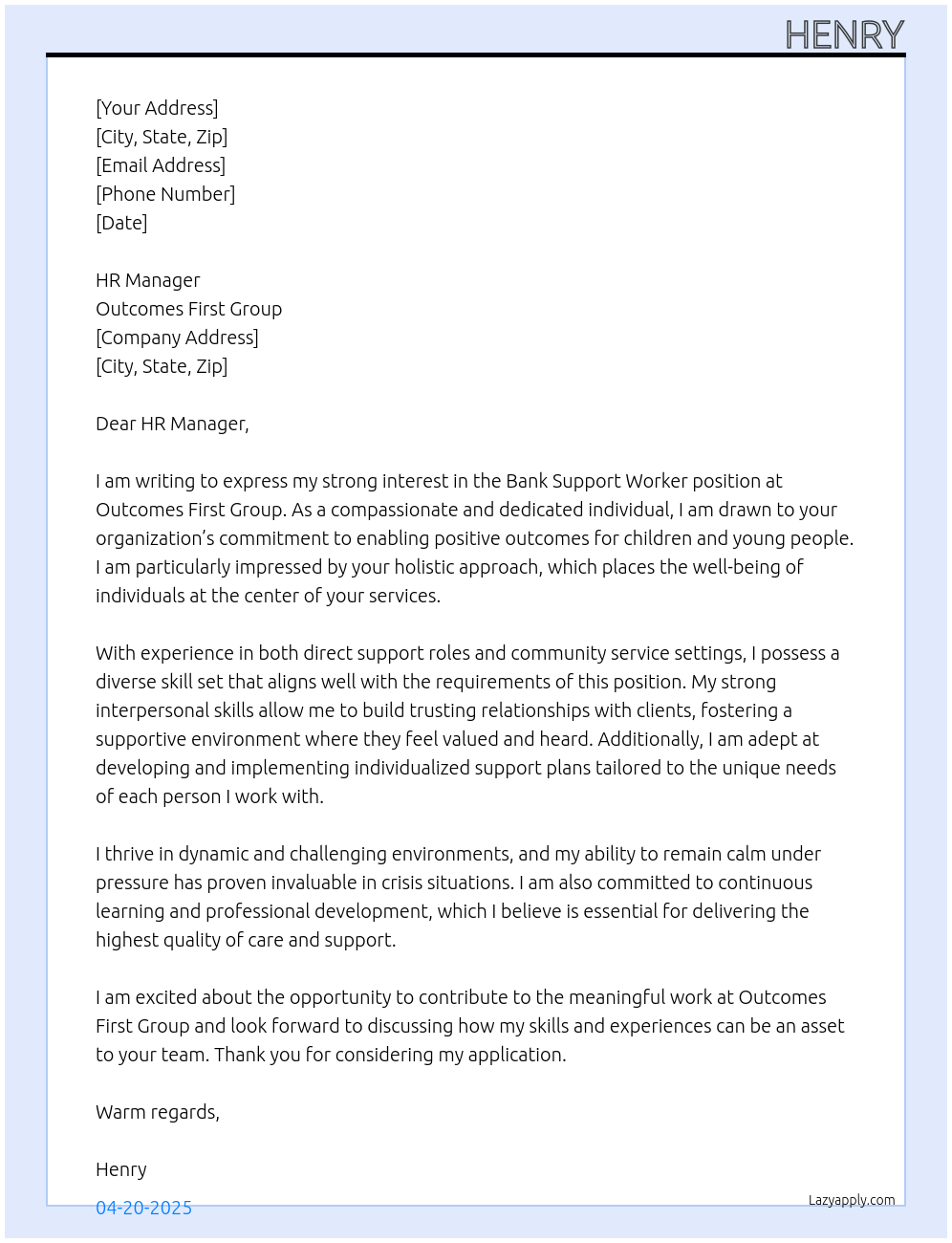 Support worker  At Outcomes First Group Cover Letter